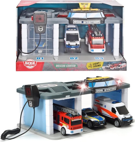 DICKIE TOYS BAZA CENTRUM RATUNKOWE SOS STACJA Z EFEKTAMI I AUTAMI