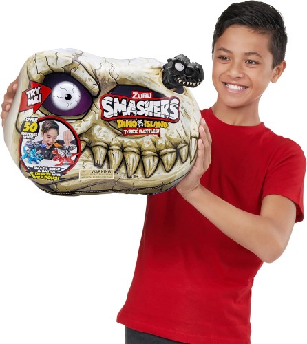 Smashers Dino Island T-Rex Battles ZURU, Blue Triceratops, 50+ Surprises Boys Collectible Dinosaur T-Rex Triceratops
