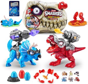 Smashers Dino Island T-Rex Battles ZURU, Blue Triceratops, 50+ Surprises Boys Collectible Dinosaur T-Rex Triceratops
